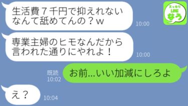 【LINE】専業主婦の私に生活費を7千円以内に抑えろと要求し断ったら、私を罵倒し見下す夫「所詮ヒモのくせしやがって、口答えすんなw」→一度も怒ったことのない私がブチ切れた時の夫の反応がwww【スッキリLINEなう】