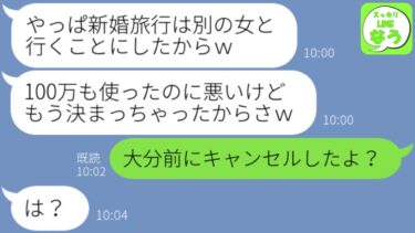 【LINE】新婚旅行前日に夫から浮気連絡「やっぱりお前じゃなくて別の女といくわｗ」私「え？もうキャンセルしてあるけど…？」浮気夫「は？」→実は…【スッキリLINEなう】