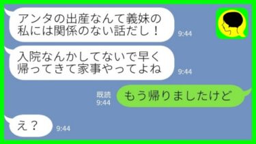 【LINE】出産直前に入院すると私を家政婦扱いしている同居の義妹から連絡「早く帰ってきて家事やってよね！」私「もう帰りましたけど」→その後…【ミドリのネタ帳】