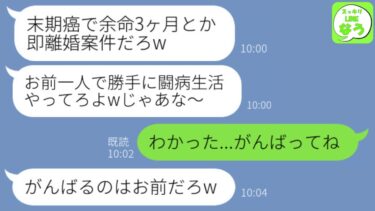 【LINE】嫁の私が余命宣告を受けたと勘違いして即離婚届を出した夫「病気の嫁と暮らすとか無理w一人で頑張れw」→実は宣告されたのは夫の方と伝えてあげた結果w【スッキリLINEなう】