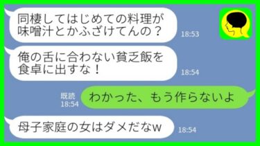 【LINE】結婚を前提に同棲している彼に味噌汁を出したら頭からぶっかけられた「貧乏飯を食卓に出すな！」→二度と作らなかった結果www【ミドリのネタ帳】