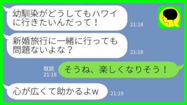 【LINE】新婚旅行に幼馴染を勝手に呼んだ夫「どうしてもハワイに行きたいって言うからさ」私「いいね！楽しくなりそう！」→アフォ夫の末路が笑えるwww【ミドリのネタ帳】