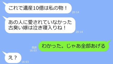 【LINE】亡くなった旦那と浮気していたママ友「遺産10億はもらったわｗ」→勝利宣言する勘違いアフォ女に遺産相続の権利を全部譲った結果【修羅場】【LINEサロン】