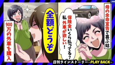 【PLAY BACK】母が余命宣告され喜ぶ姑「保険金っていくらなの？外車が欲しくてね！」→900万の外車を買ってきたがすぐに手放すはめにw(スカッとするLINE)【日刊ラインストーリー】