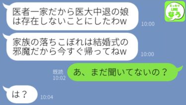 【LINE】医大を中退した私を捨てた医者一族の家族と妹の結婚式で再会。母「中退した家族の邪魔者が何の用？w」→私が式場にいる本当の理由を伝えたらクズ母が…w【スッキリLINEなう】