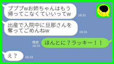 【LINE】臨月の私が入院中に夫を奪った妹から連絡「お姉ちゃんはもう帰ってこなくていいってw」私「ほんとに？ラッキー！！」→大喜びで旦那を譲った結果www【ミドリのネタ帳】