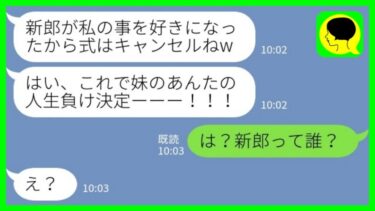 【LINE】結婚式直前に姉から衝撃の告白「新郎が私の事を好きになったから式はキャンセルねw」私「は？新郎って誰？」→姉が新郎と勘違いして奪った男の正体が…www【ミドリのネタ帳】