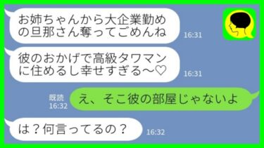 【LINE】私の旦那を奪った妹から金持ちマウント「高級タワマン住みって最高だね♡」私「え、そこ彼の部屋じゃないよ」→勝ち誇る勘違い妹にある事実を伝えると…【ミドリのネタ帳】