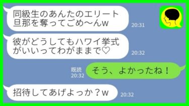 【LINE】私の夫を略奪してハワイで結婚式を挙げると連絡してきた同級生「彼がどうしてもハワイがいいって♡」私「そう、よかったね！」→その後…【ミドリのネタ帳】