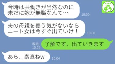 【LINE】嫁いびりで絶縁した義母が我が家を突き止めてブチギレで現れ「無職のニート嫁は出ていけ！邪魔だ！」→夫を養っているのに出て行けというので無職夫と義母を置いて出ていくとww【スッキリLINEなう】