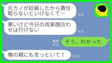 【LINE】両家顔合わせ当日に彼氏からドタキャン連絡「元カノが妊娠したから今日の顔合わせは行けない」私「そう、わかった」→すぐに父に報告した結果www【ミドリのネタ帳】