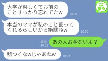 【LINE】他界した夫の連れ子を大学まで育てた私。しかし連れ子が卒業すると「金持ちになった実の母親と暮らすからお前は用済みw」→恩知らずの娘に訪れる絶望の結果がwww【スッキリLINEなう】