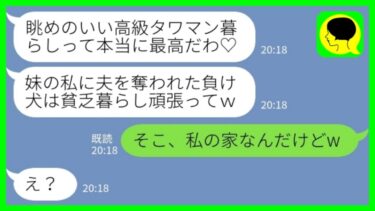 【LINE】私から夫を奪った妹から勝利宣言「高級タワマン暮らし最高♡負け犬は貧乏暮らし頑張ってw」私「そこ、私の家なんだけどw」→実は…【ミドリのネタ帳】