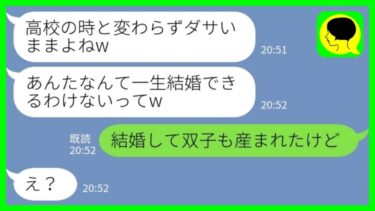 【LINE】10年ぶりに同窓会で再会した幼馴染が私を見下して「まだ独身なの？あんたが結婚できるわけないかw」私「結婚して双子も産まれたけど」→幸せな結婚報告をした時の幼馴染の反応がwww【ミドリのネタ帳】