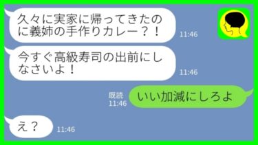 【LINE】「帰省した義妹夫婦に手料理を振る舞うと義妹が熱々のカレーをぶっかけてきた「高級寿司の出前にしろ！」夫「いいかげんにしろよ」→嫁思いの温厚な夫がブチギレた結果www」【ミドリのネタ帳】