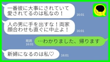 【LINE】「両家顔合わせの当日、会場の前で婚約者の幼馴染に突然殴られた「私の男に手を出すな！」私「わかりました、帰ります」→勝ち誇る女がその後、何もかも失った理由がwww」【ミドリのネタ帳】