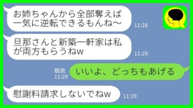 【LINE】念願のマイホームが完成した翌日に妹から略奪宣言「旦那さんと新築一軒家はもらうねw」私「いいよ、どっちもあげる」→大慌ての旦那のその後www【ミドリのネタ帳】