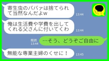 【LINE】夫に捨てられた私を見下す高校生の息子「ババァは捨てられて当然w俺は父さんに付いていく」私「どうぞご自由にw」→その後…【ミドリのネタ帳】