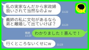 【LINE】私を家政婦扱いする同居の義姉「嫌なら離婚して出ていけw」私「わかりました！喜んで！」→笑顔で嫁が出て行った結果www【ミドリのネタ帳】