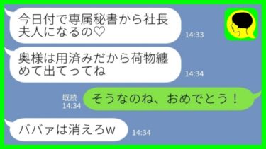 【LINE】夫の職場で働く新入社員から略奪報告「私、社長夫人になったのでよろしくw」私「そうなのね、おめでとう！」→大喜びで元嫁が出て行った結果www【ミドリのネタ帳】