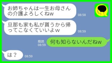 【LINE】実家の母の介護で帰省している間に夫と家を奪った妹「お姉ちゃんより私のほうが好きだって♡このまま帰って来なくていいよw」私「何も知らないんだねw」→その後の略奪カップルの結婚生活がwww【ミドリのネタ帳】