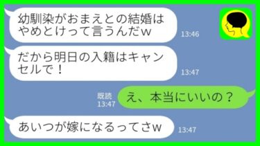 【LINE】入籍前日に婚約者「幼馴染がお前との結婚は辞めとけっていうからキャンセルで！」私「え、本当にいいの？」→その後、幼馴染から入籍報告をもらった直後に…【ミドリのネタ帳】