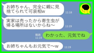 【LINE】私をニートの寄生虫と勘違いして勝手に実家を売り払った妹「家族だけで引っ越したからw」私「わかった、元気でねw」→タワマン暮らしの妹たちから大慌ての連絡が来た理由がwww【ミドリのネタ帳】