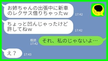 【LINE】新車を購入すると妹が私の出張中に盗んだあげく事故を起こした「ごめんね！わざとじゃないから～w」私「それ、私のじゃないよ…」→妹に高級車の本当の持ち主を教えた時の反応がwww【ミドリのネタ帳】