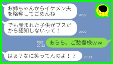 【LINE】私からイケメンの夫を奪って駆け落ちした妹から連絡「子供がブスだから認知しないって！どうしよう！」私「あらら、ご愁傷様ｗｗ」→美人の妹から似ていない赤ちゃんが生まれた理由がwww【ミドリのネタ帳】