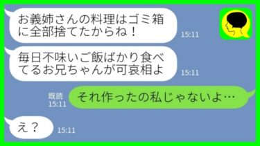 【LINE】私が作るご飯がマズイと言ってゴミ箱に捨てる同居の義妹「今日も捨てといたからw」私「それ作ったの私じゃないよ…」→意地悪義妹に全てを話した時の反応が……www【ミドリのネタ帳】