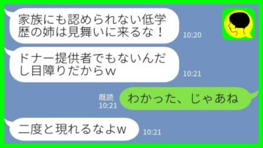 【LINE】私がドナー提供者と知らずに一方的に嫌ってくる妹「低学歴の姉は見舞いに来るな！」私「わかった、じゃあね」→言われた通り何があっても病院病院に行かなかった結果www【ミドリのネタ帳】