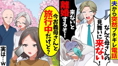 【スカッと】夫から突然のブチギレ電話「なんで義母の見舞いに来ない！今すぐ来ないと離婚するぞ！」→私「え？私お義母さん達と旅行中だけど？」夫「え？」実は…w【漫画】【アニメ】【スカッとする話】【モニロボ】