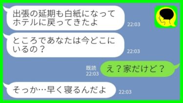 【LINE】出張が延期になって帰宅するとなぜか夫が家にいない→私「ホテルに戻ってきたよ！今どこにいるの？」夫「え？家だけど？」→何もしらないフリをした結果www【ミドリのネタ帳】