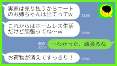 【LINE】私をニートと勘違いして勝手に実家を売り払った妹「これからホームレス頑張ってw」私「わかった、頑張るね」→その後、妹から大慌ての連絡がwww【ミドリのネタ帳】